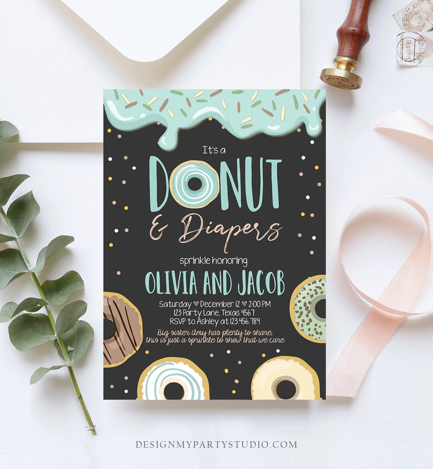 Editable Donut and Diapers Baby Shower Invitation Sprinkle Sprinkled With Love Coed Boy Blue Pastel Download Printable Corj Template 0320