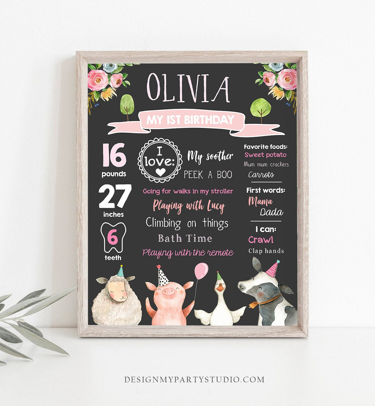 Editable Farm Animals Birthday Milestones Sign Girl Pink Farm Birthday Barnyard Bash Barnyard Sign Floral Download Template Printable 0155