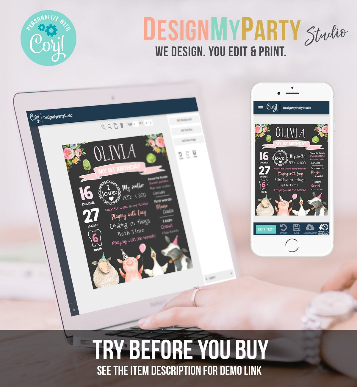 Editable Farm Animals Birthday Milestones Sign Girl Pink Farm Birthday Barnyard Bash Barnyard Sign Floral Download Template Printable 0155