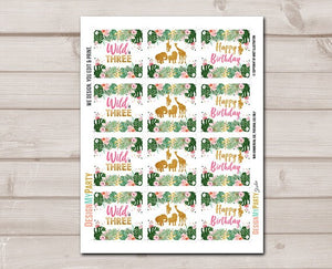 Wild and Three Cupcake Toppers Favor Tags Birthday Party Decoration Girl Stickers Safari Animals Pink Gold download Digital PRINTABLE 0016