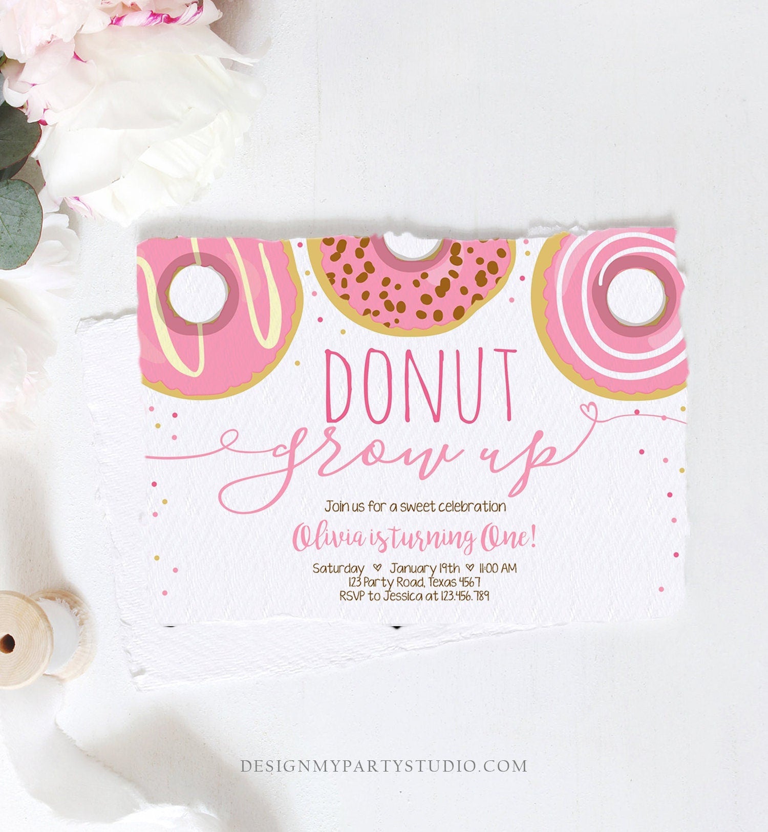 Editable Donut Grow Up Birthday Invitation First Birthday Party Girl Pink Doughnut 1st Pastel Photo Download Printable Template Corjl 0050