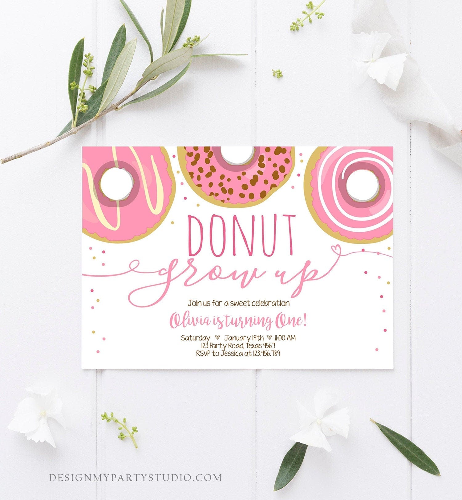 Editable Donut Grow Up Birthday Invitation First Birthday Party Girl Pink Doughnut 1st Pastel Photo Download Printable Template Corjl 0050
