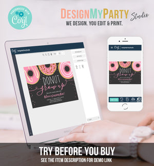 Editable Donut Grow Up Birthday Invitation First Birthday Party Pink Girl Doughnut 1st Pastel Photo Download Printable Template Corjl 0050