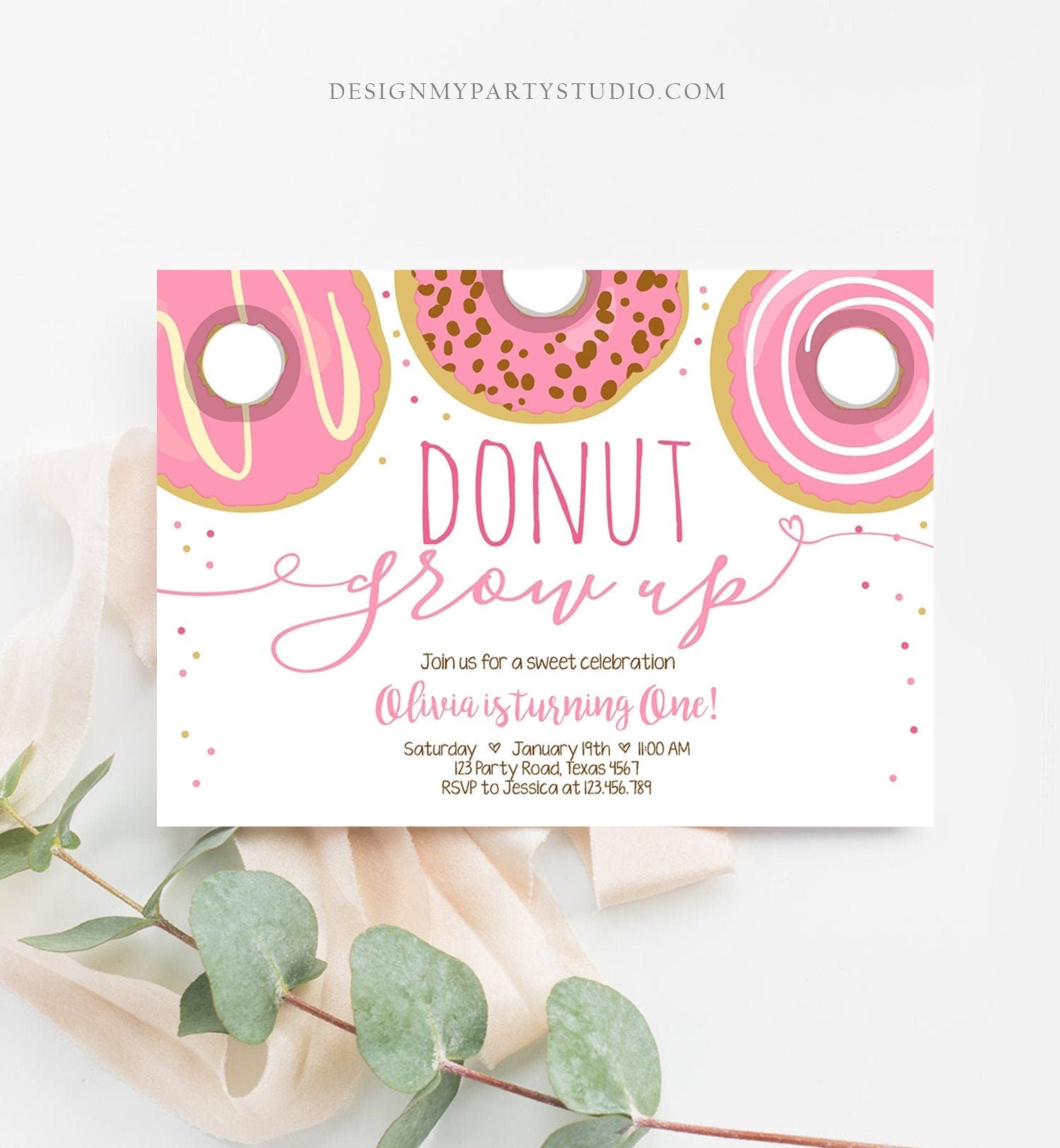 Editable Donut Grow Up Birthday Invitation First Birthday Party Girl Pink Doughnut 1st Pastel Photo Download Printable Template Corjl 0050