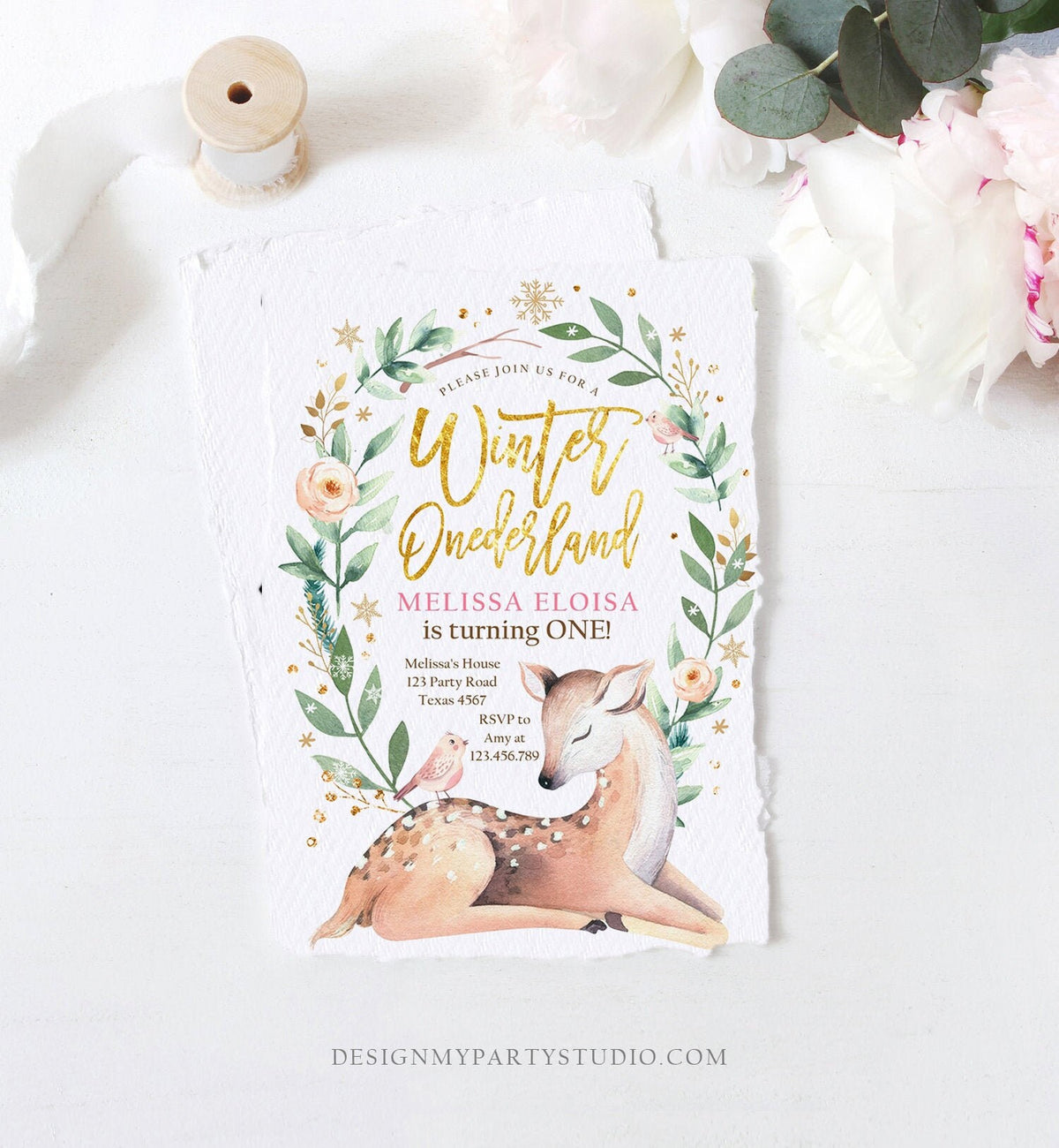Editable Winter ONEderland Birthday Invitation Deer First Birthday Snowflakes Girl Pink Gold Foil Printable Invitation Template Corjl 0265