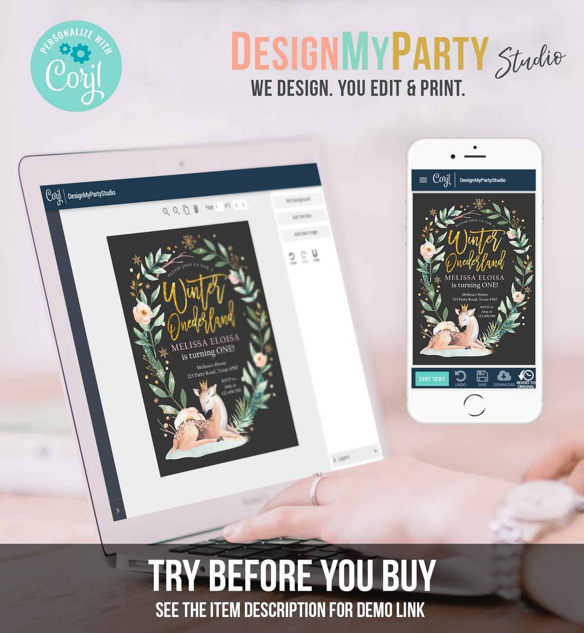 Editable Winter ONEderland Birthday Invitation Deer First Birthday Snowflakes Girl Pink Gold Foil Printable Invitation Template Corjl 0265