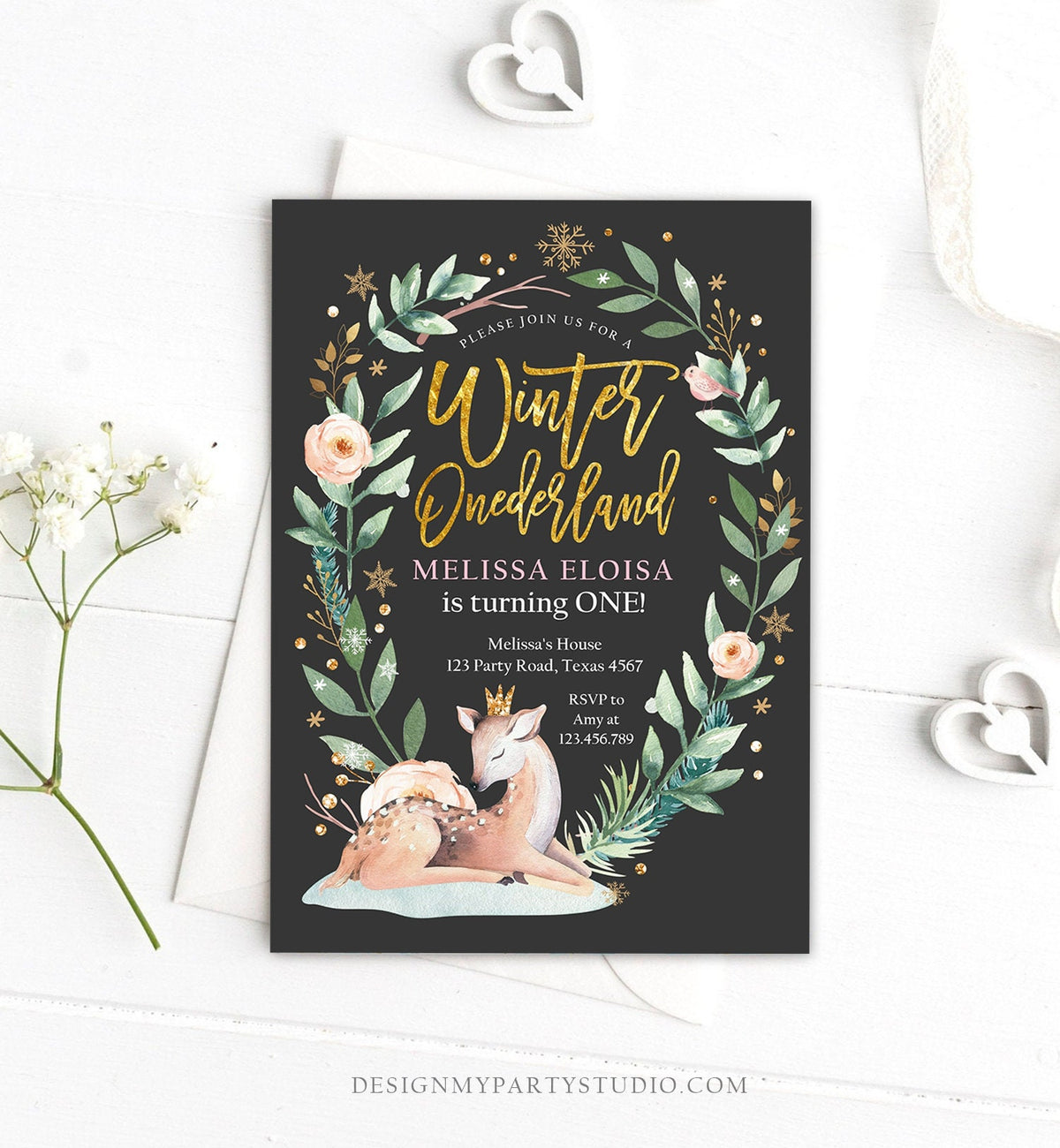 Editable Winter ONEderland Birthday Invitation Deer First Birthday Snowflakes Girl Pink Gold Foil Printable Invitation Template Corjl 0265