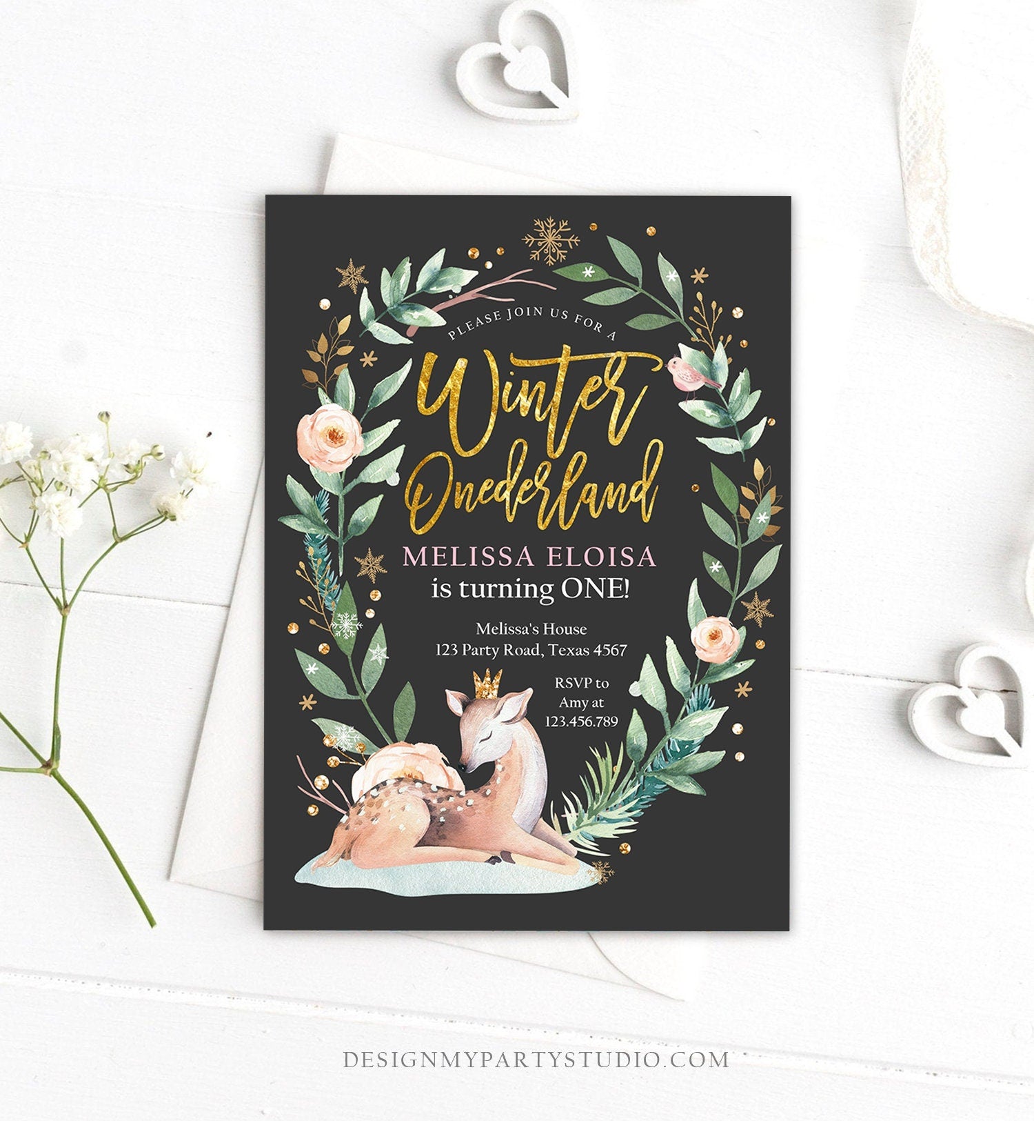 Editable Winter ONEderland Birthday Invitation Deer First Birthday Snowflakes Girl Pink Gold Foil Printable Invitation Template Corjl 0265