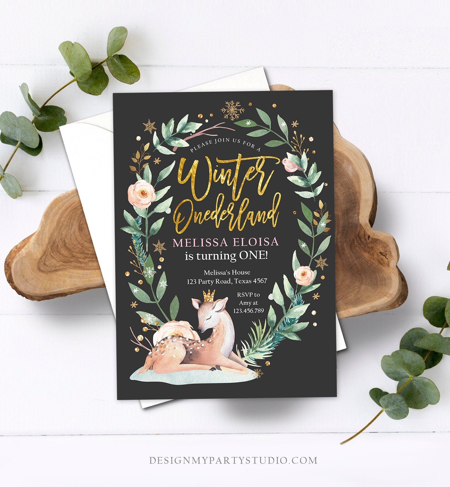 Editable Winter ONEderland Birthday Invitation Deer First Birthday Snowflakes Girl Pink Gold Foil Printable Invitation Template Corjl 0265