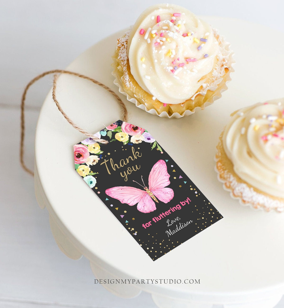 Editable Butterfly Favor Tags Butterfly Birthday Thank you tags Garden Shower Pink Gold Girl Fluttering By Floral Template PRINTABLE 0162