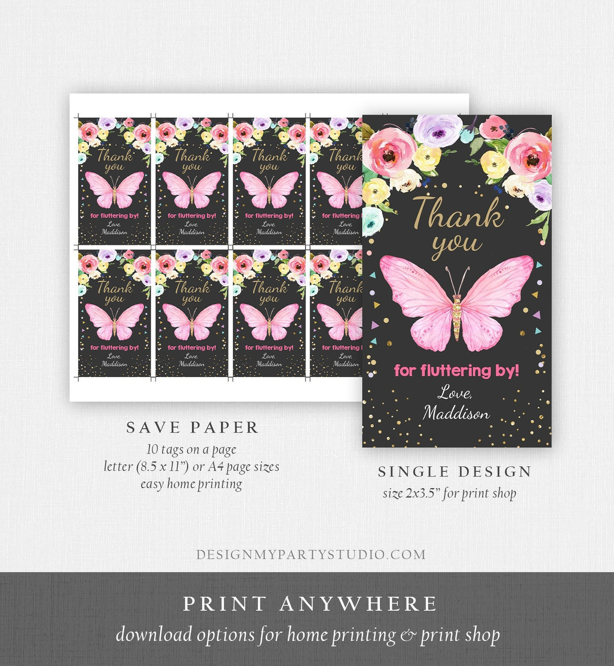 Editable Butterfly Favor Tags Butterfly Birthday Thank you tags Garden Shower Pink Gold Girl Fluttering By Floral Template PRINTABLE 0162