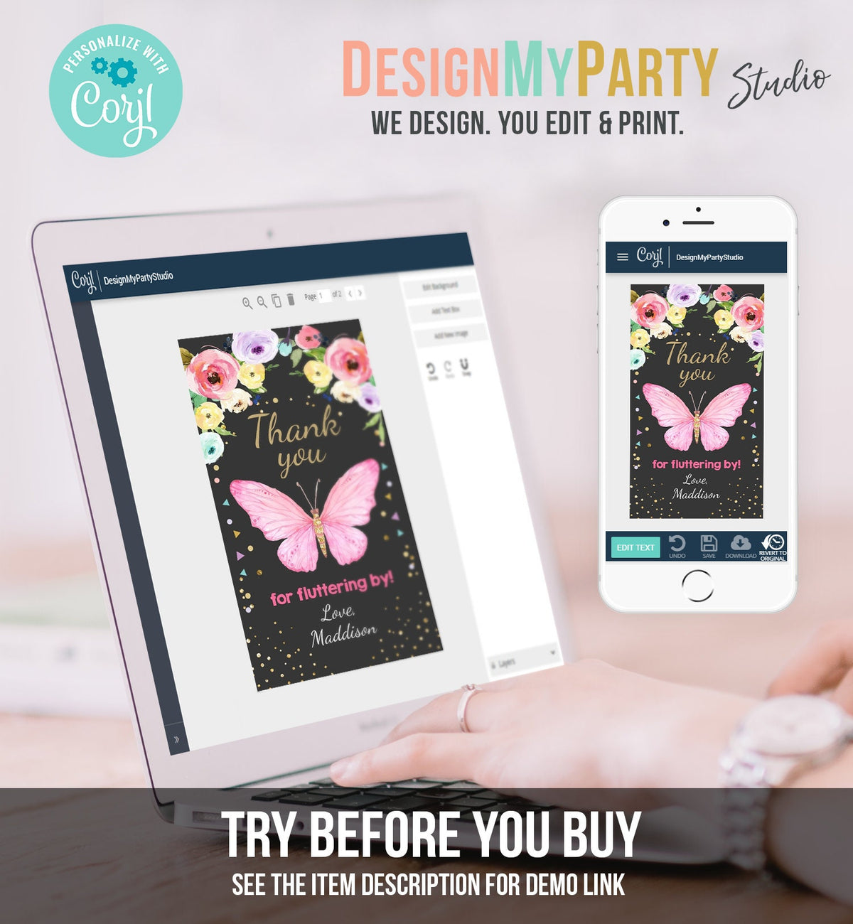 Editable Butterfly Favor Tags Butterfly Birthday Thank you tags Garden Shower Pink Gold Girl Fluttering By Floral Template PRINTABLE 0162