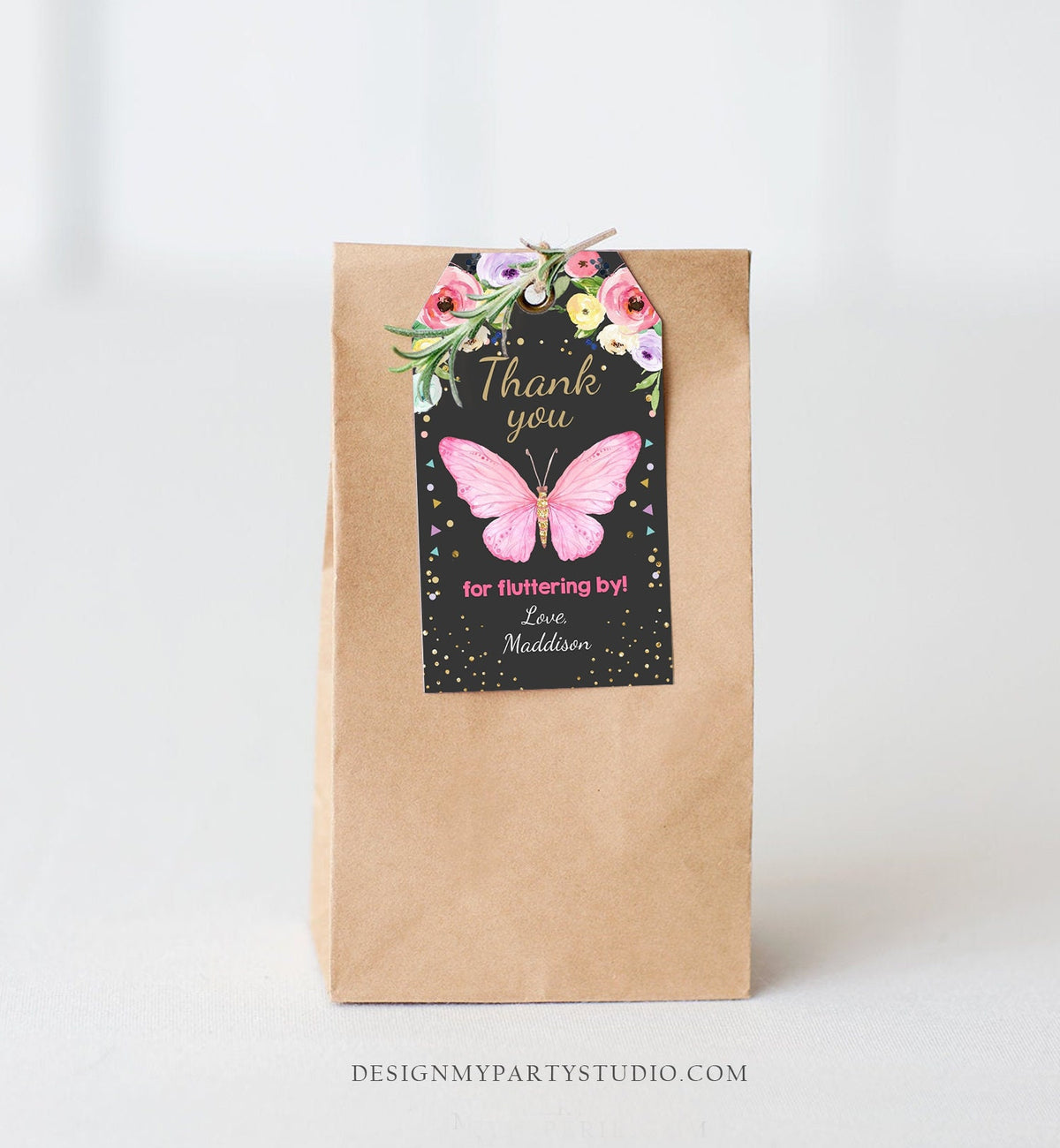 Editable Butterfly Favor Tags Butterfly Birthday Thank you tags Garden Shower Pink Gold Girl Fluttering By Floral Template PRINTABLE 0162