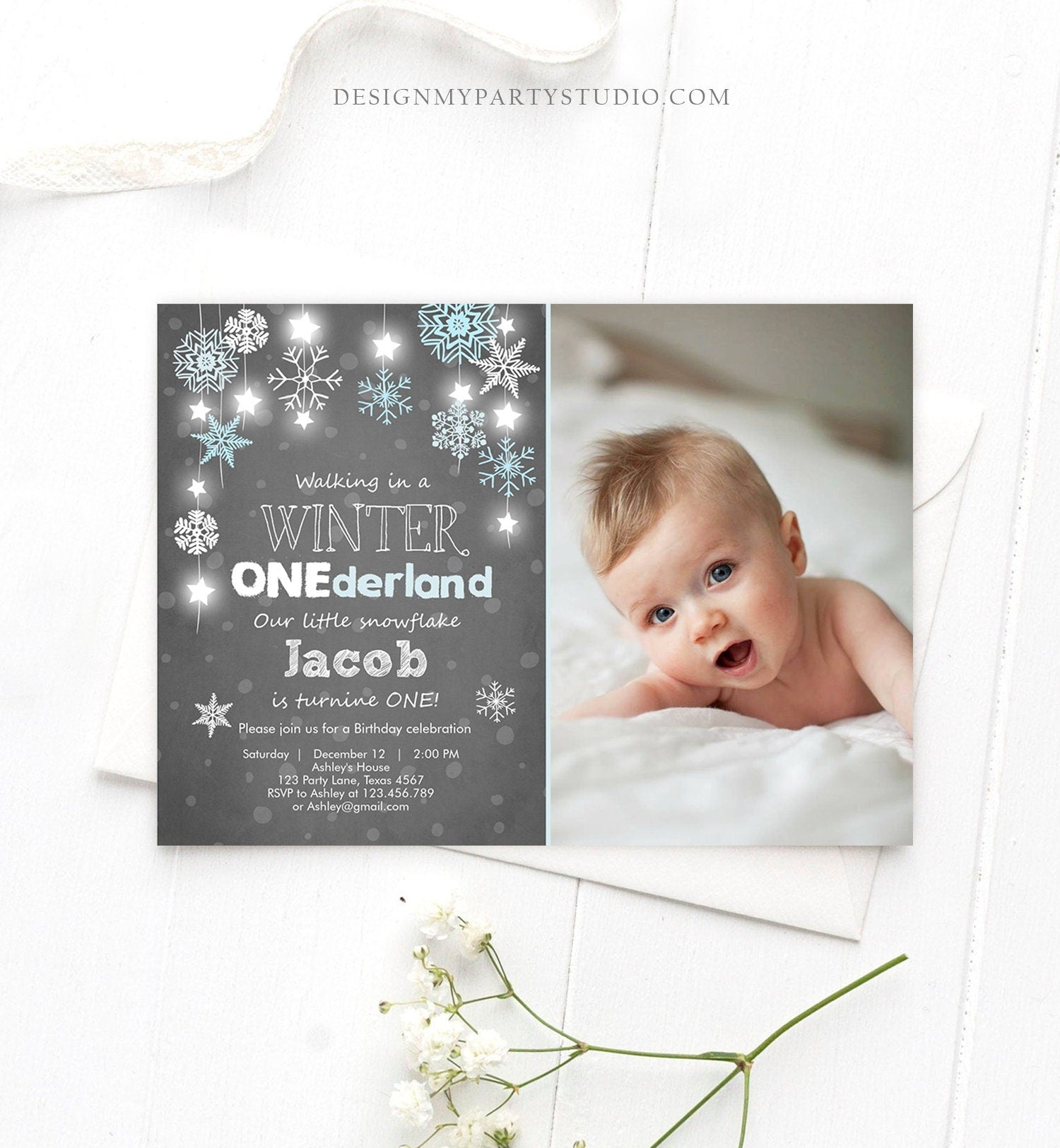 Editable ANY AGE Winter ONEderland Birthday Invitation Boy First Birthday Snowflake Stars Download Printable Invitation Template Corjl 0057