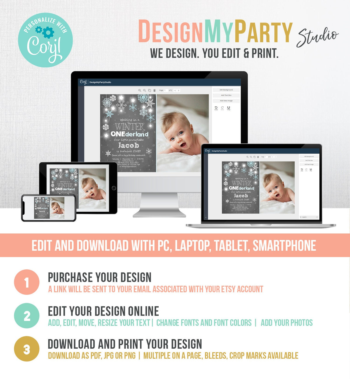 Editable ANY AGE Winter ONEderland Birthday Invitation Boy First Birthday Snowflake Stars Download Printable Invitation Template Corjl 0057