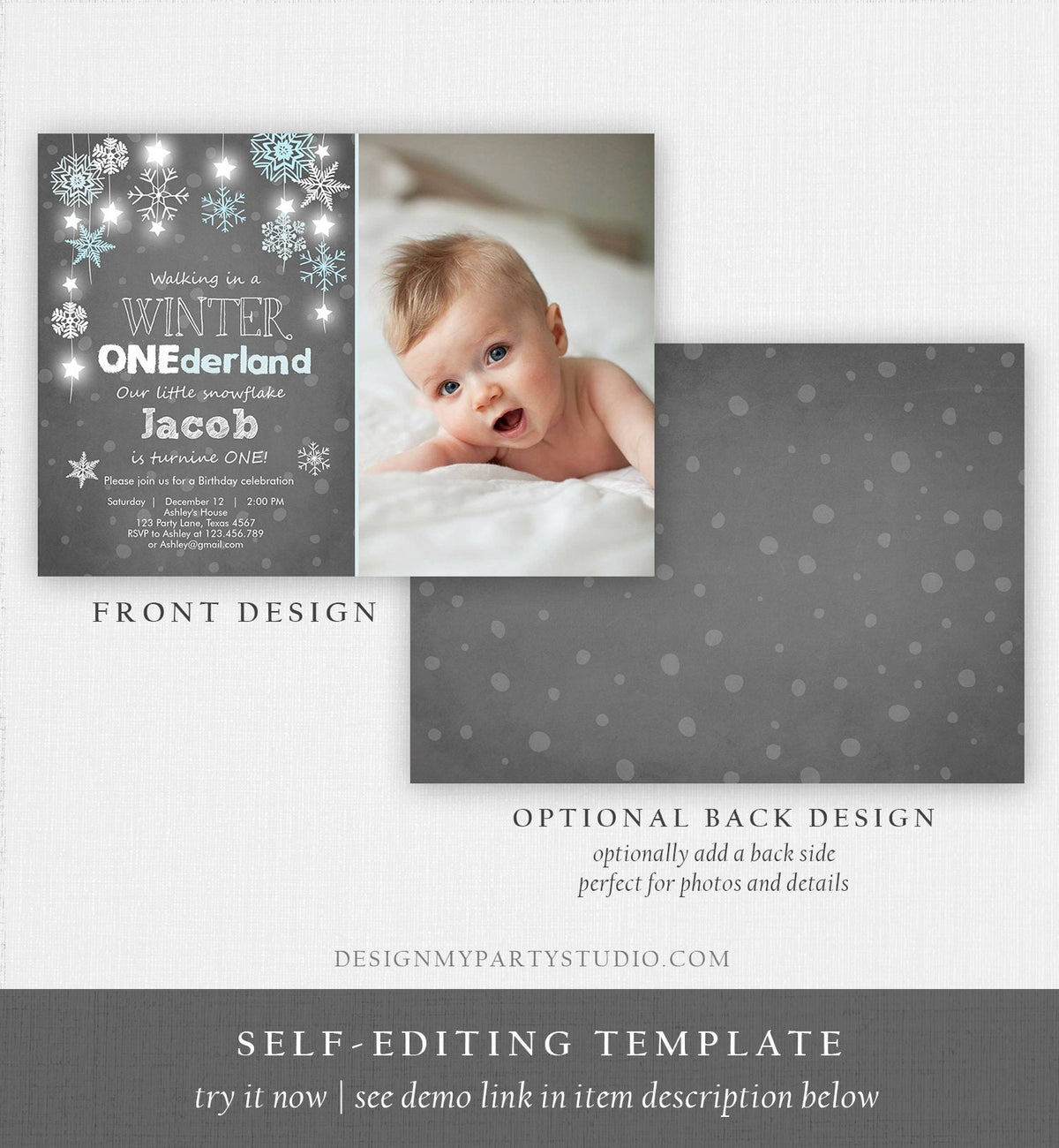 Editable ANY AGE Winter ONEderland Birthday Invitation Boy First Birthday Snowflake Stars Download Printable Invitation Template Corjl 0057
