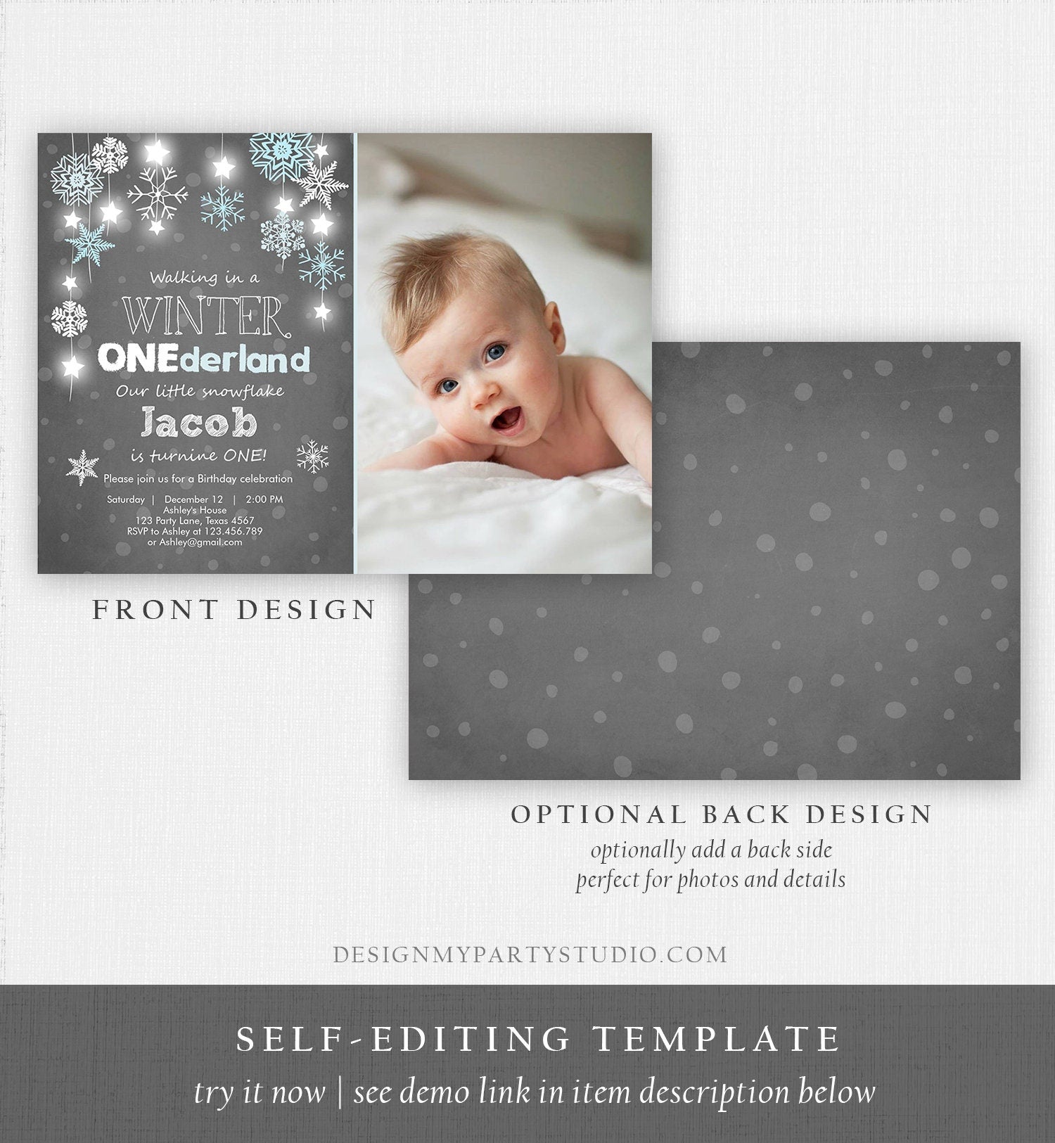 Editable ANY AGE Winter ONEderland Birthday Invitation Boy First Birthday Snowflake Stars Download Printable Invitation Template Corjl 0057