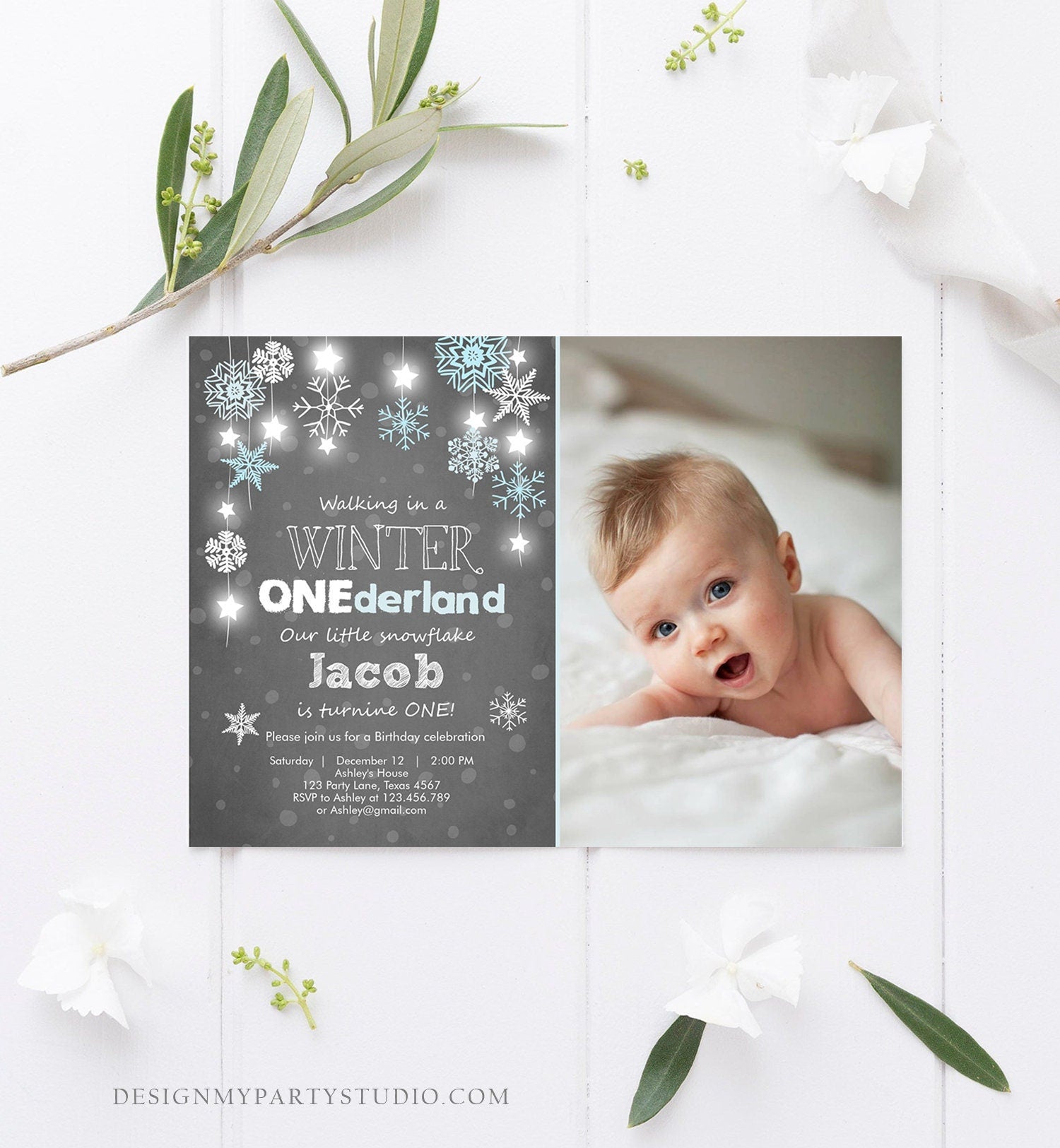 Editable ANY AGE Winter ONEderland Birthday Invitation Boy First Birthday Snowflake Stars Download Printable Invitation Template Corjl 0057