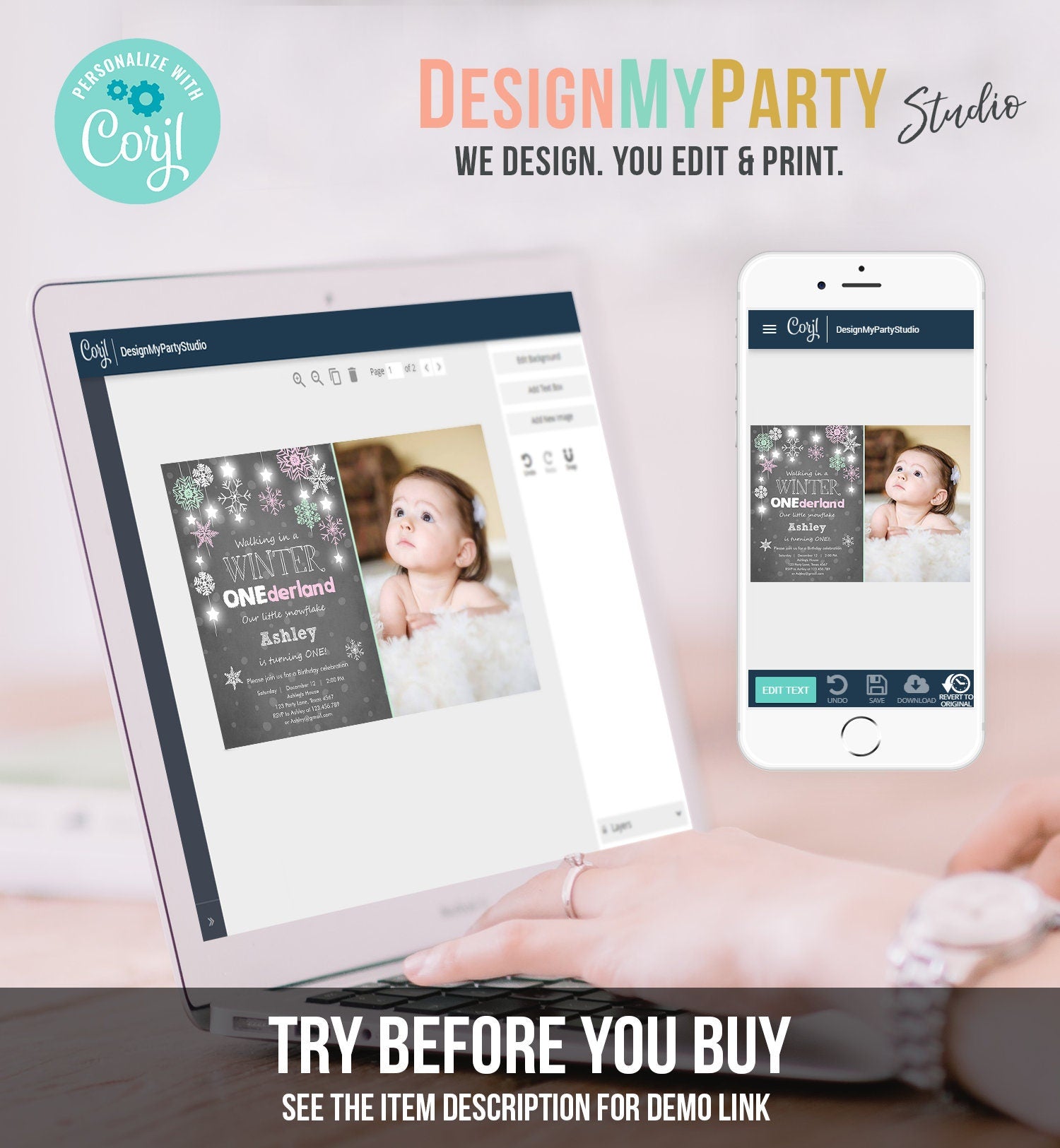 Editable ANY AGE Winter ONEderland Birthday Invitation First Birthday Snowflake Girl Instant Download Printable Invite Template Corjl 0057