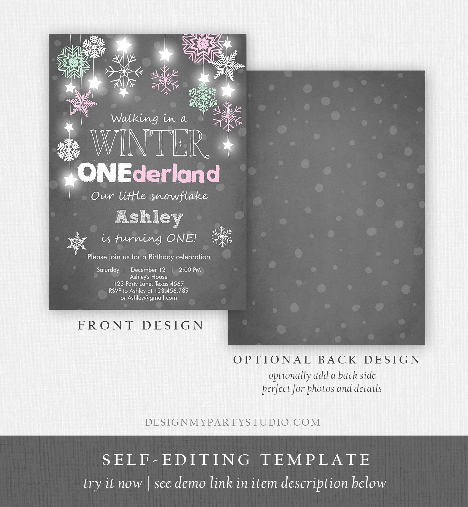 Editable ANY AGE Winter ONEderland Birthday Invitation First Birthday Snowflake Girl Instant Download Printable Invite Template Corjl 0057