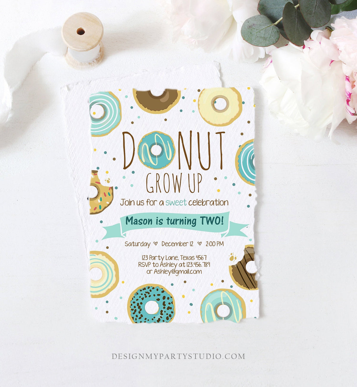 Editable Donut Grow Up Birthday Invitation First Birthday Party Blue Boy Doughnut 1st Pastel Instant Download Printable Template Corjl 0050