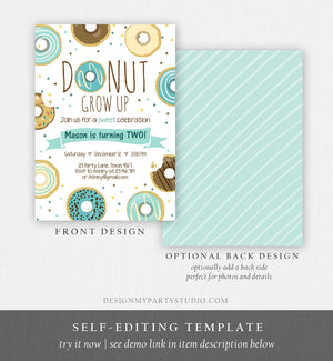 Editable Donut Grow Up Birthday Invitation First Birthday Party Blue Boy Doughnut 1st Pastel Instant Download Printable Template Corjl 0050