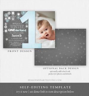 Editable Winter ONEderland Birthday Invitation Blue Boy First Birthday Snowflake Stars Download Printable Invitation Template Corjl 0057