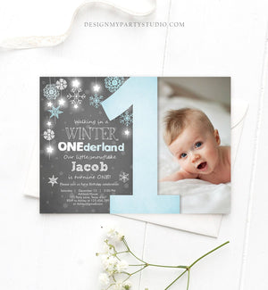 Editable Winter ONEderland Birthday Invitation Blue Boy First Birthday Snowflake Stars Download Printable Invitation Template Corjl 0057