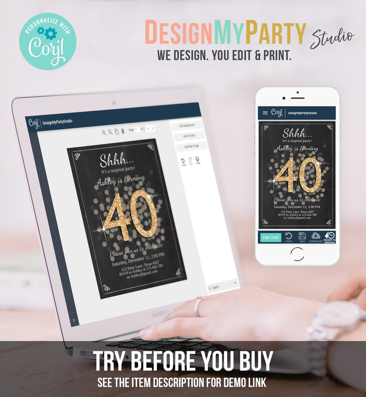 Editable ANY AGE Surprise Birthday Invitation Adult 40th Party Rustic Chalk Black Gold Glitter Photo Download Printable Corjl Template 0103