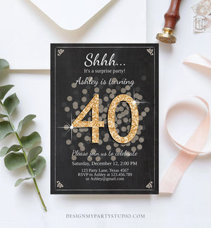 Editable ANY AGE Surprise Birthday Invitation Adult 40th Party Rustic Chalk Black Gold Glitter Photo Download Printable Corjl Template 0103