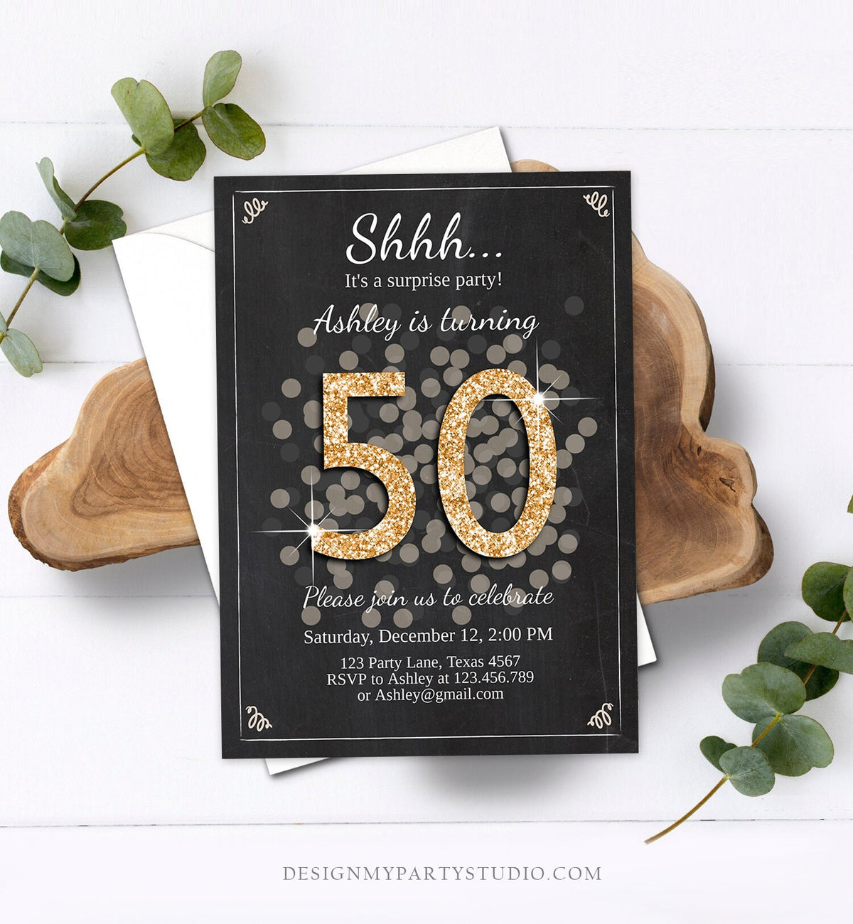 Editable ANY AGE Surprise Birthday Invitation Adult 50th Party Rustic Chalk Black Gold Glitter Photo Download Printable Corjl Template 0103