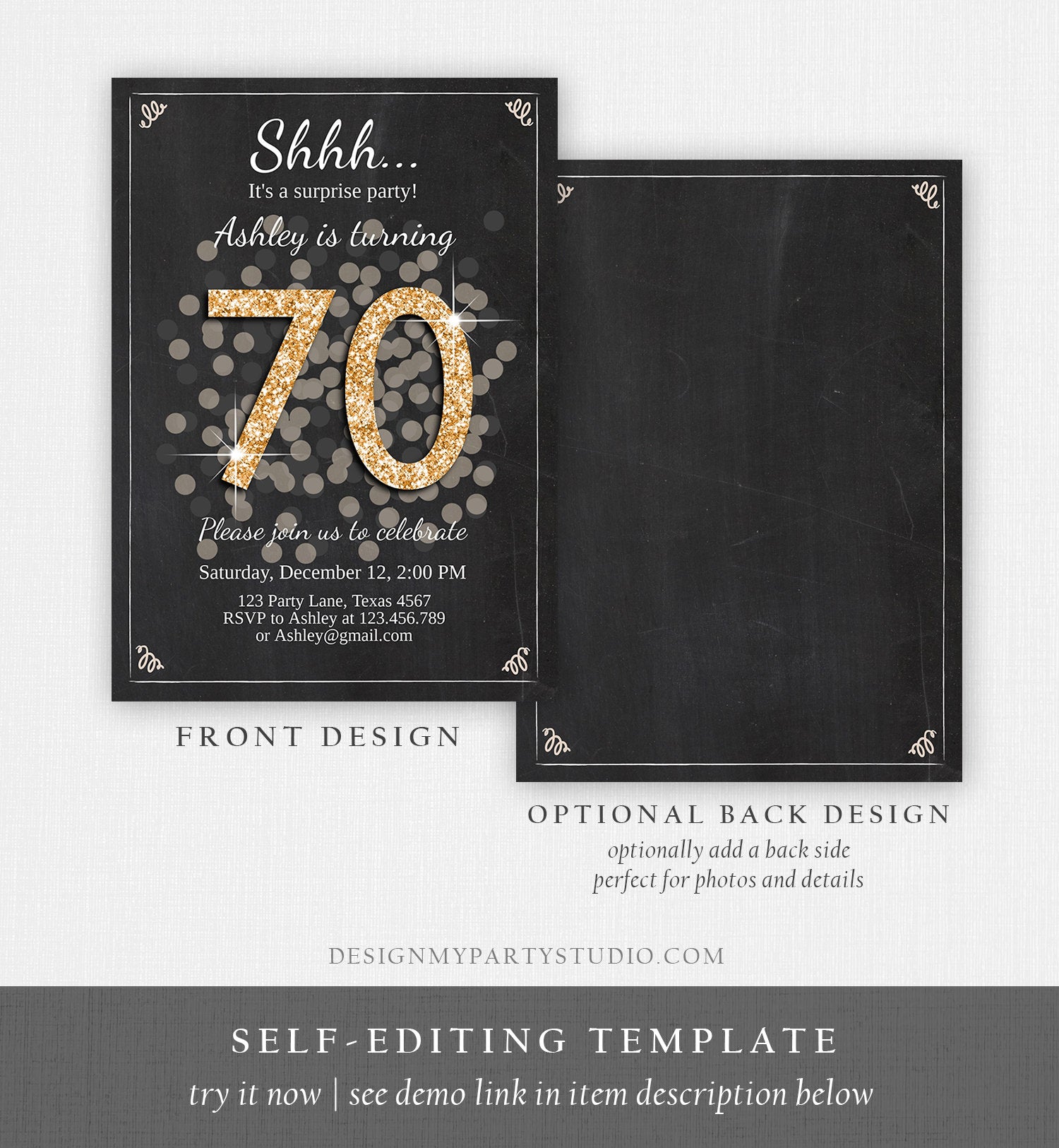 Editable ANY AGE Surprise Birthday Invitation Adult 70th Party Rustic - Design My Party Studio for Editable Free Printable 70th Birthday Invitation Template