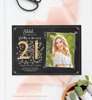 Editable ANY AGE Surprise Birthday Invitation Adult 21th Party Rustic Chalk Black Gold Glitter Photo Download Printable Corjl Template 0103