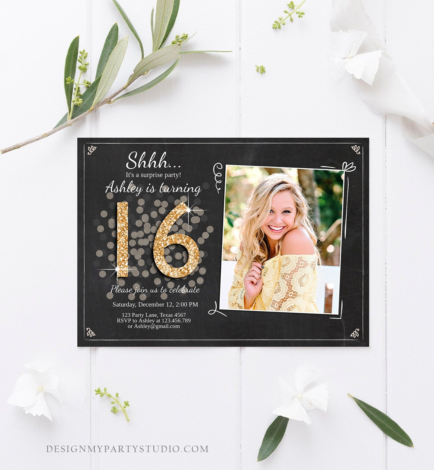 Editable ANY AGE Surprise Birthday Invitation 16th Sweet Sixteen Party Chalk Black Gold Glitter Photo Download Printable Corjl Template 0103