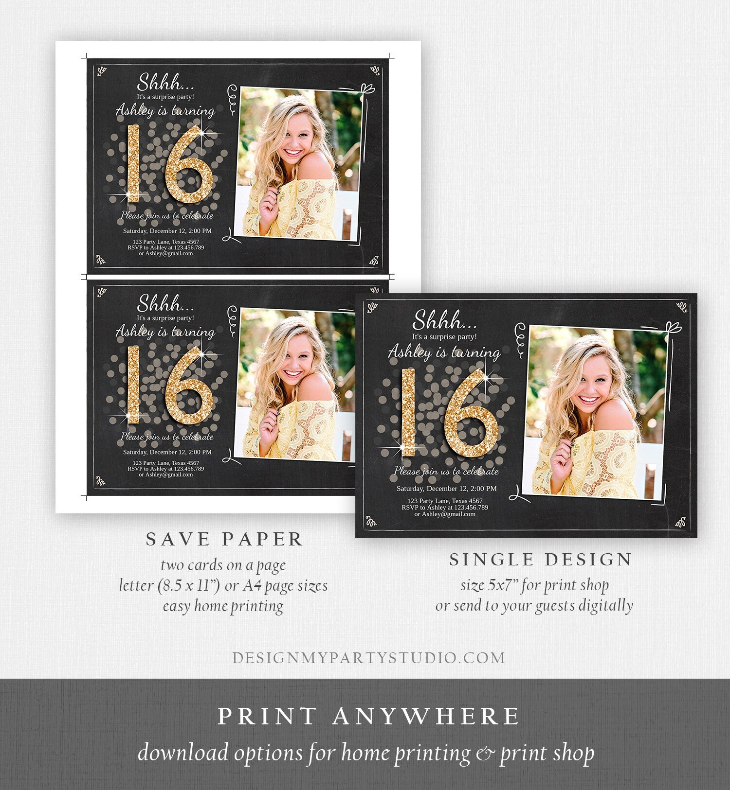 Editable ANY AGE Surprise Birthday Invitation 16th Sweet Sixteen Party Chalk Black Gold Glitter Photo Download Printable Corjl Template 0103