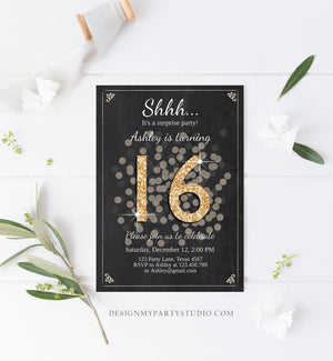 Editable ANY AGE Surprise Birthday Invitation 16th Sweet Sixteen Party Chalk Black Gold Glitter Photo Download Printable Corjl Template 0103
