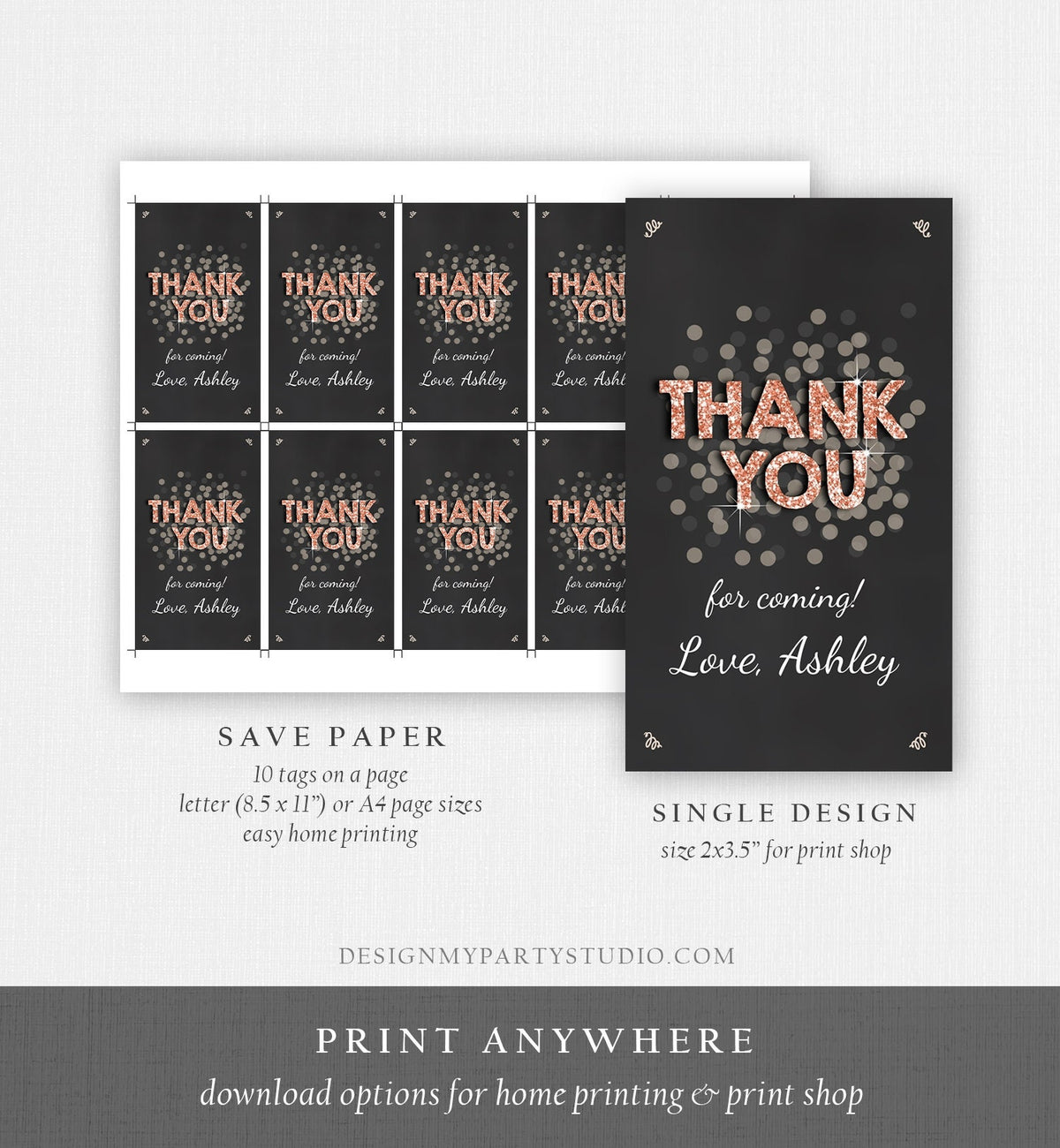 Editable Thank You Favor Tags Adult Birthday Tags Black Blush Gold Glitter Surprise Birthday Rustic Elegant Printable Corjl Template 0103