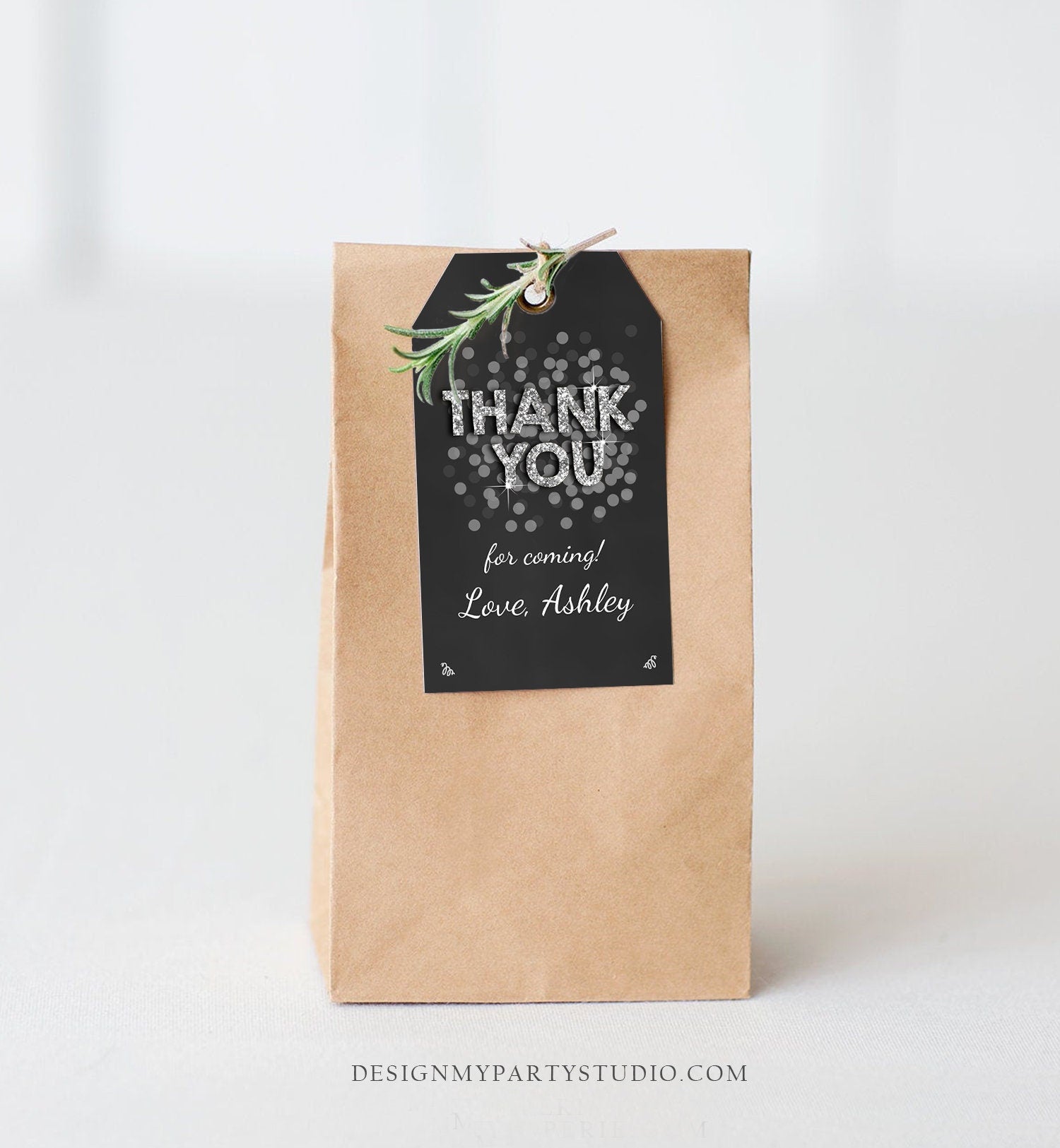 Editable Thank You Favor Tags Adult Birthday Tags Black Silver Glitter Surprise Birthday Rustic Elegant Printable Corjl Template 0103