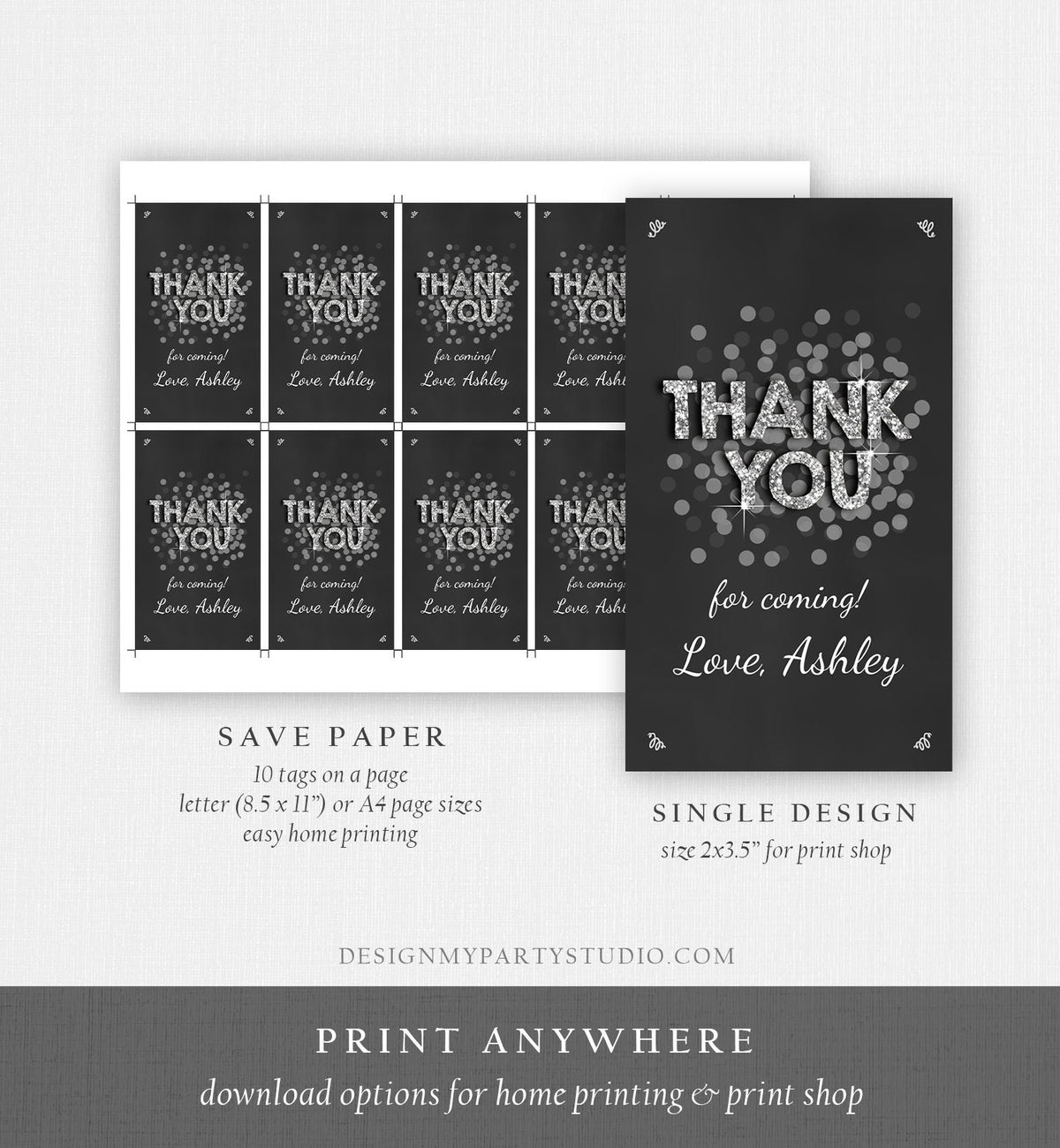 Editable Thank You Favor Tags Adult Birthday Tags Black Silver Glitter Surprise Birthday Rustic Elegant Printable Corjl Template 0103