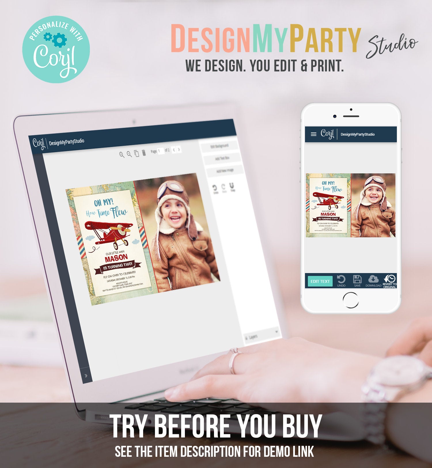 Editable Airplane Birthday Invitation Oh My Time Flew Red Airplane Second Birthday Plane Sky Photo Download Printable Corjl Template 0011