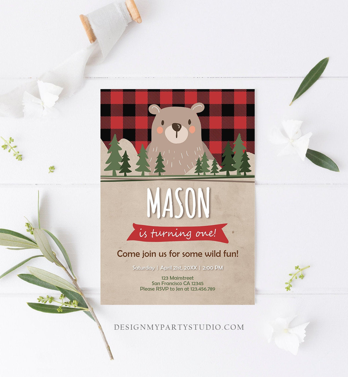 Editable Lumberjack Birthday Invitation Rustic Woodland Bear First Birthday 1st Man Cub Buffalo Plaid Forest Printable Corjl Template 0026