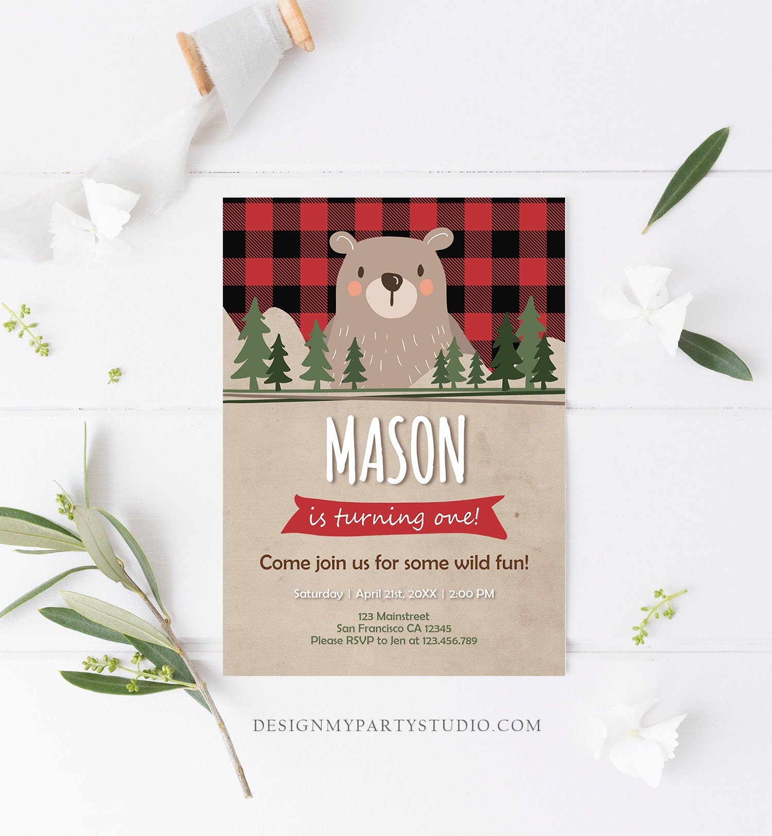 Editable Lumberjack Birthday Invitation Rustic Woodland Bear First Birthday 1st Man Cub Buffalo Plaid Forest Printable Corjl Template 0026