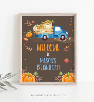 Editable Pumpkin Welcome Sign Pumpkin Blue Truck Birthday Brown Shower Fall Party Welcome 1st Birthday Boy Printable Corjl Template 0153