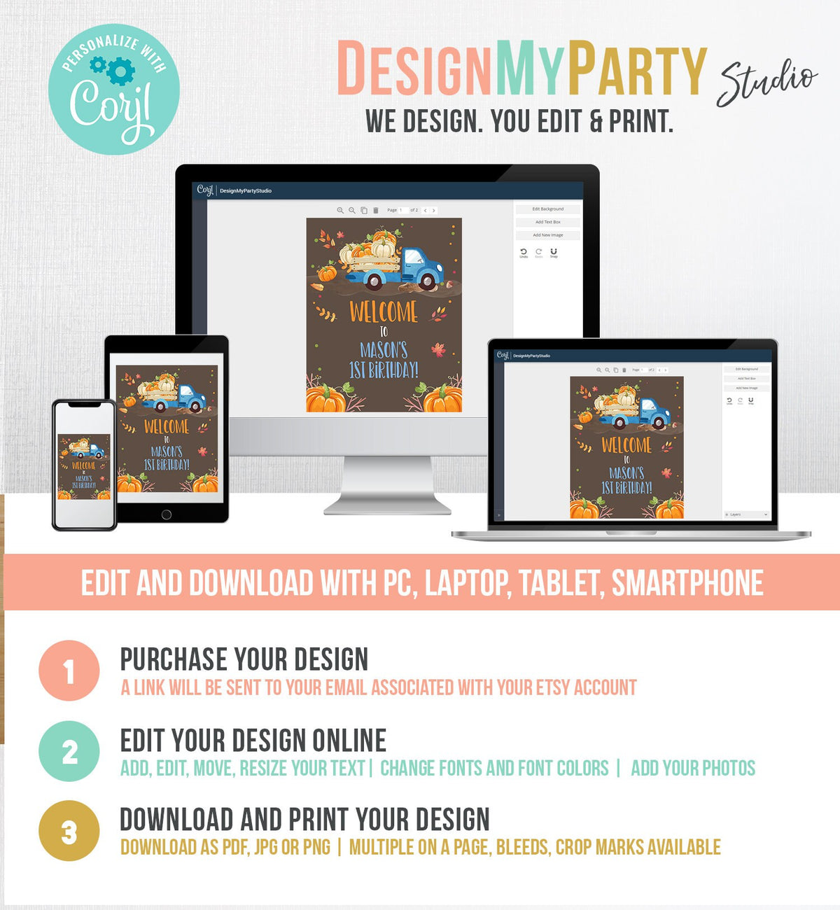 Editable Pumpkin Welcome Sign Pumpkin Blue Truck Birthday Brown Shower Fall Party Welcome 1st Birthday Boy Printable Corjl Template 0153