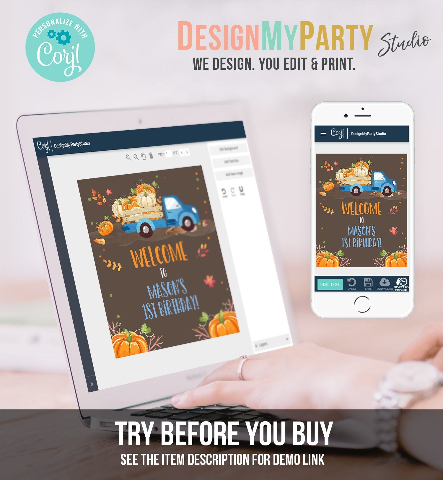 Editable Pumpkin Welcome Sign Pumpkin Blue Truck Birthday Brown Shower Fall Party Welcome 1st Birthday Boy Printable Corjl Template 0153