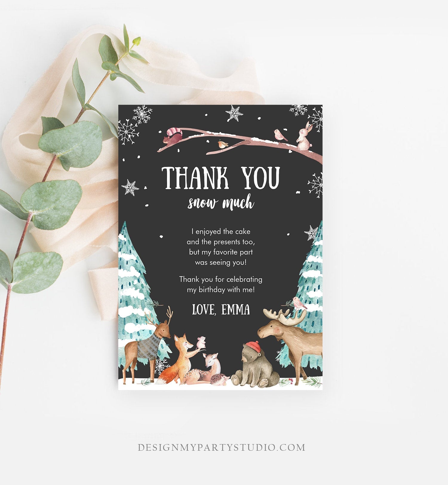 Editable Winter ONEderland Birthday Thank You Card First Birthday Woodland Thank you card Template Instant Download Digital Corjl 0195