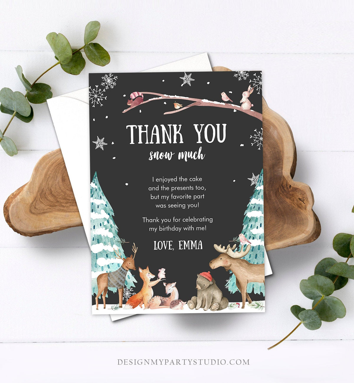 Editable Winter ONEderland Birthday Thank You Card First Birthday Woodland Thank you card Template Instant Download Digital Corjl 0195