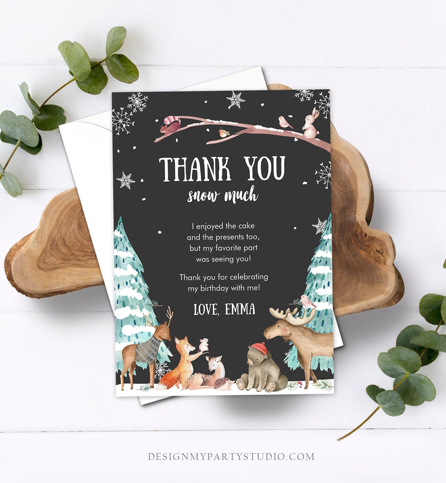 Editable Winter ONEderland Birthday Thank You Card First Birthday Woodland Thank you card Template Instant Download Digital Corjl 0195