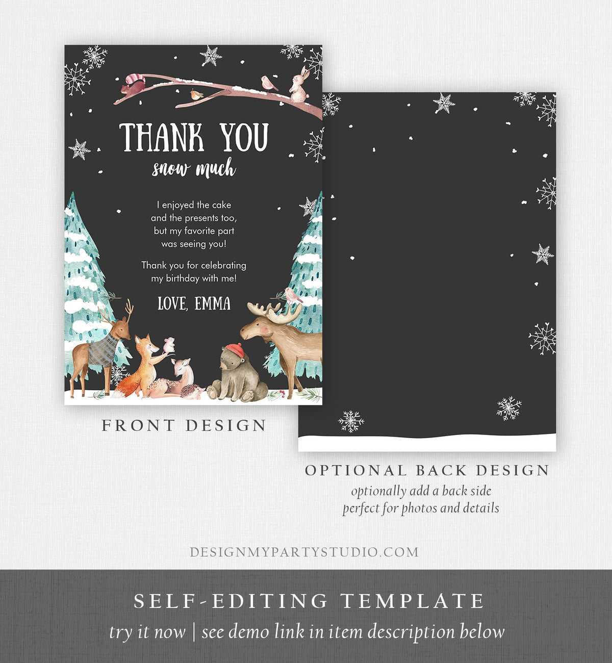 Editable Winter ONEderland Birthday Thank You Card First Birthday Woodland Thank you card Template Instant Download Digital Corjl 0195