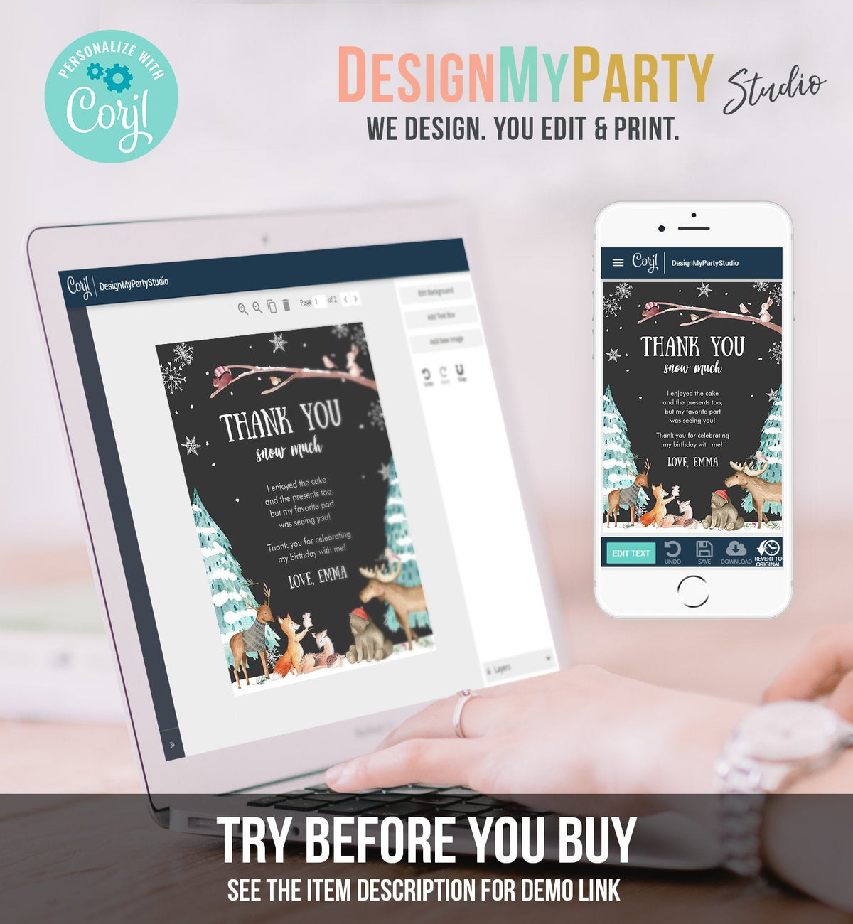 Editable Winter ONEderland Birthday Thank You Card First Birthday Woodland Thank you card Template Instant Download Digital Corjl 0195